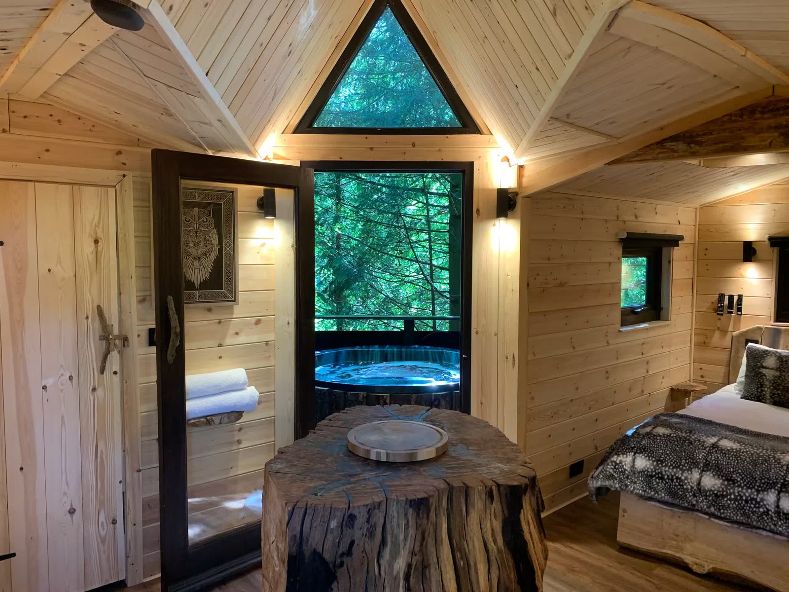 Cabin interior looking through to the private hot tub